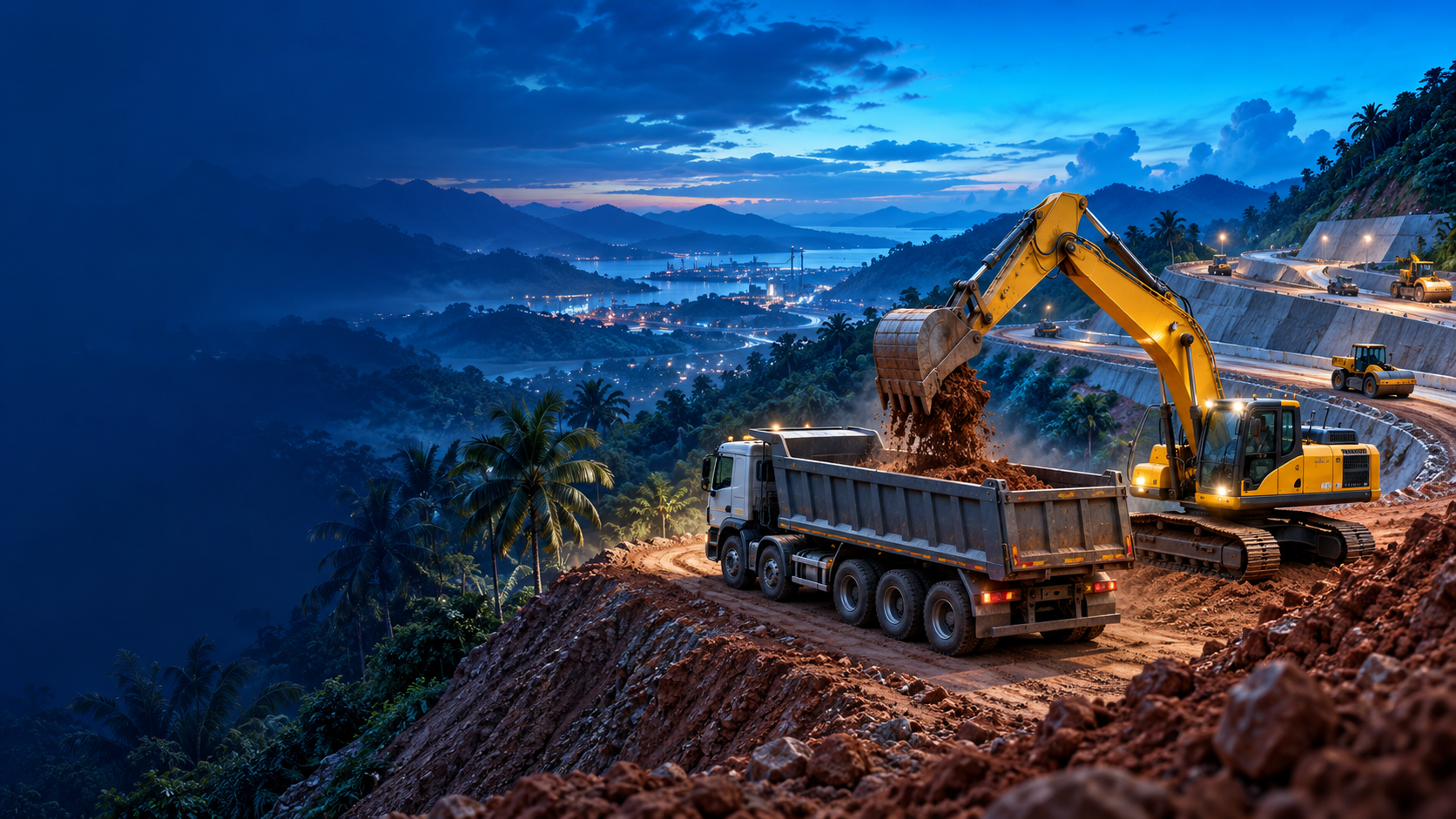 HKS brand illustration of earthmoving machinery and infrastructure in a tropical Malaysian landscape